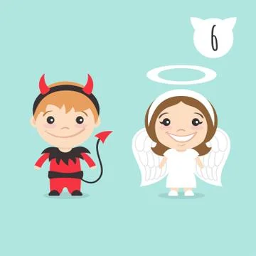 Vector illustration of two happy cute kids characters. Boy in imp or little d Stock Illustration