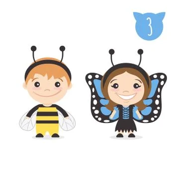 Vector illustration of two happy cute kids characters. Boy in bumblebee costu Stock Illustration