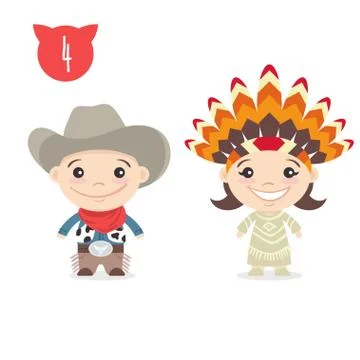 Vector illustration of two happy cute kids characters. Boy in cowboy costume  Stock Illustration