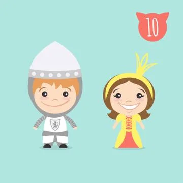Vector illustration of two happy cute kids characters. Boy in Knight costume  Stock Illustration