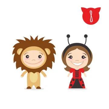 Vector illustration of two happy cute kids characters. Boy in lion costume an Stock Illustration