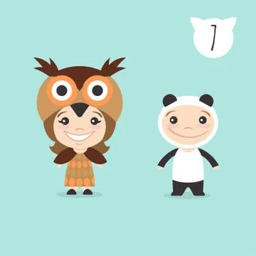 Vector illustration of two happy cute kids characters. Boy in panda costume a Stock Illustration