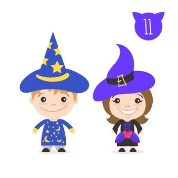 Vector illustration of two happy cute kids characters. Boy in magician costum Stock Illustration