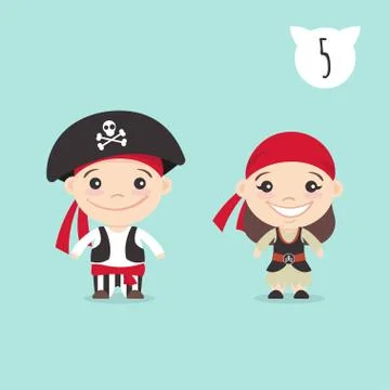 Vector illustration of two happy cute kids characters. Boy and girl in pirate Stock Illustration