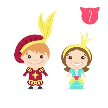Vector illustration of two happy cute kids characters. Boy in prince costume  Stock Illustration