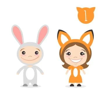 Vector illustration of two happy cute kids characters. Boy in rabbit or bunny Stock Illustration