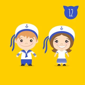 Vector illustration of two happy cute kids characters. Boy and girl in sailor Stock Illustration
