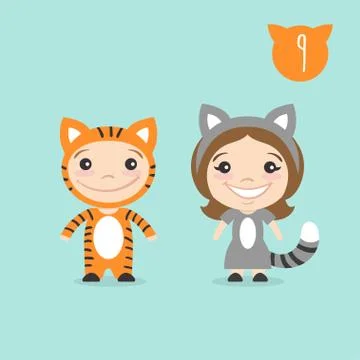 Vector illustration of two happy cute kids characters. Boy in tiger costume a Stock Illustration