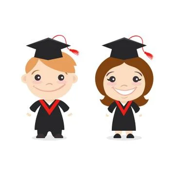Vector illustration of two happy cute kids characters. Boy and girl in Gradua Stock Illustration