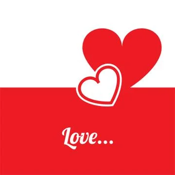 Vector illustration two hearts, red and white background and word Love. Stock Illustration