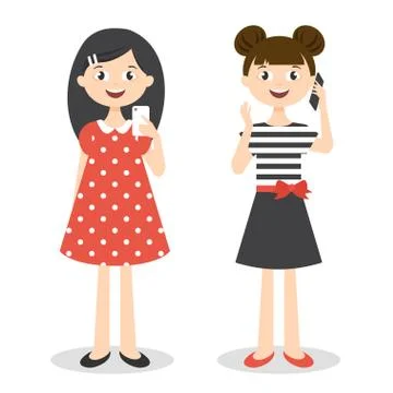 Vector illustration of two little cute girls with smartphones Stock Illustration