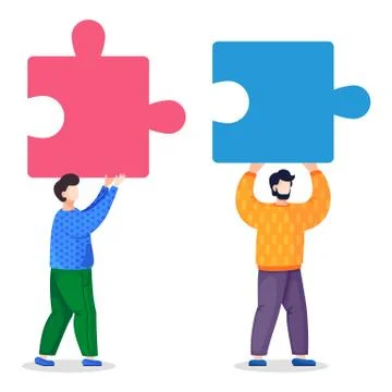 Vector illustration of two men with pieces of puzzle, joining element Stock Illustration