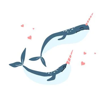 Vector illustration of two narwhals with hearts. Illustrazione stock
