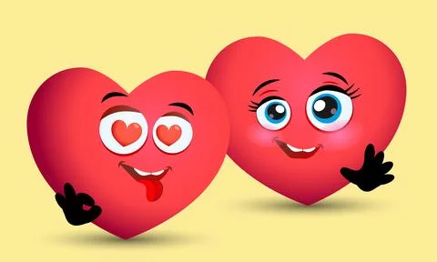 Vector illustration of two red smiling hearts in love. Art design for Valen.. Stock Illustration