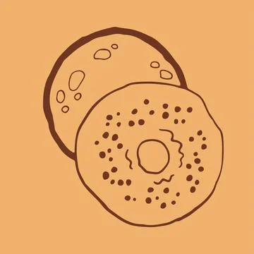 Vector illustration of two round bagels or donuts featuring seeds and hand Stock Illustration