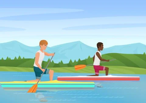 Vector illustration of two sportsmen rowing and competiting on river. Stock Illustration