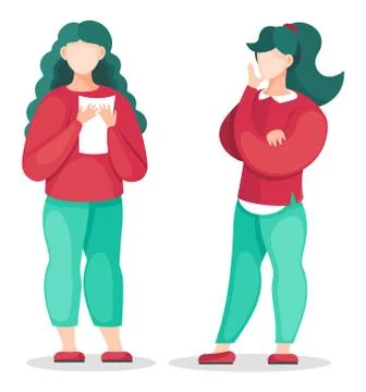 Vector illustration of two standing young women, two females discussion, women Stock Illustration