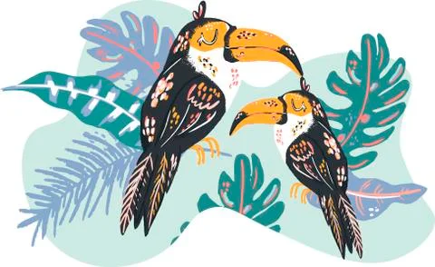 Vector illustration with two toucans surrounded by leavs and tropical plants Stock Illustration