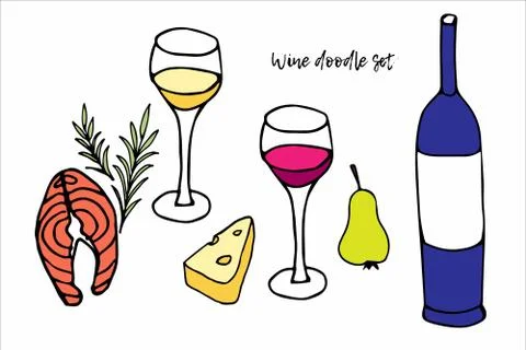 Vector illustration of two wine glasses, bottle, cheese, salmon, pear. Doodle Ilustração Stock
