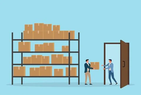 Vector illustration of two workers handling a package near warehouse shelve Stock Illustration