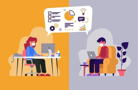 Vector illustration of two workers telecommuting Illustrazione stock