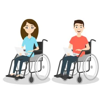 Vector illustration of two young man and woman in wheelchair holding laptops. Stock Illustration