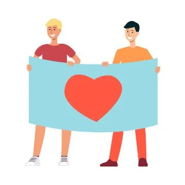 Vector illustration of two young men holding poster with heart symbol. イラスト素材