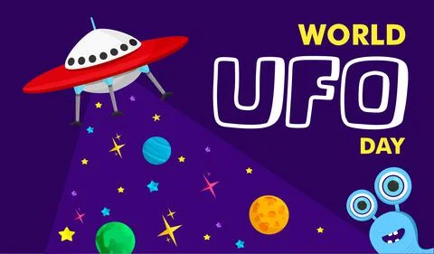 Vector illustration of a ufo plane, a flying saucer, with stars and humanoids Stock Illustration