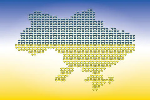 Vector illustration of Ukraine map outline with a heart in the colors of Uk.. Stock Illustration