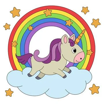 Vector illustration unicorn sitting on a cloud with rainbow Stock Illustration
