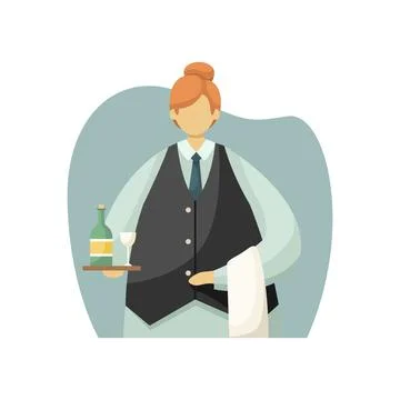 Vector illustration of a uniformed waiter with a tray in her hands and a towe Illustrazione stock