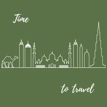 Vector illustration of United Arab Emirates skyscrapers silhouette and camel. Stock Illustration