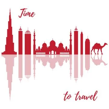 Vector illustration of United Arab Emirates skyscrapers silhouette and camel. Stock Illustration