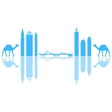 Vector illustration of United Arab Emirates skyscrapers silhouette and camel. Stock Illustration