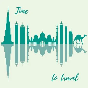 Vector illustration of United Arab Emirates skyscrapers silhouette and camel. Stock Illustration