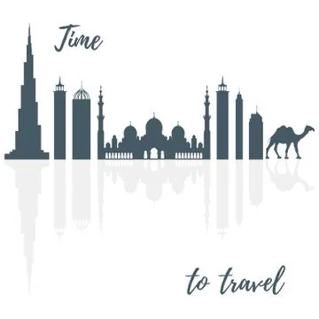 Vector illustration of United Arab Emirates skyscrapers silhouette and camel. Stock Illustration