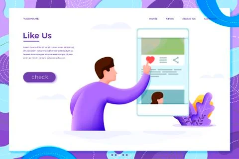 Vector illustration like us concept - man checking phone and like photo Stock Illustration