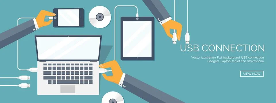 Vector illustration. Usb connection. Computer tablet smartphone cable. Illustrazione stock