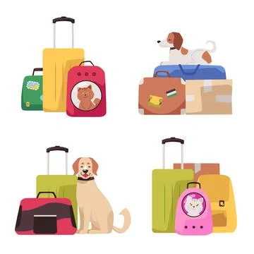 Vector illustration of a vacation trip with pets, including carriers, luggage Stock Illustration