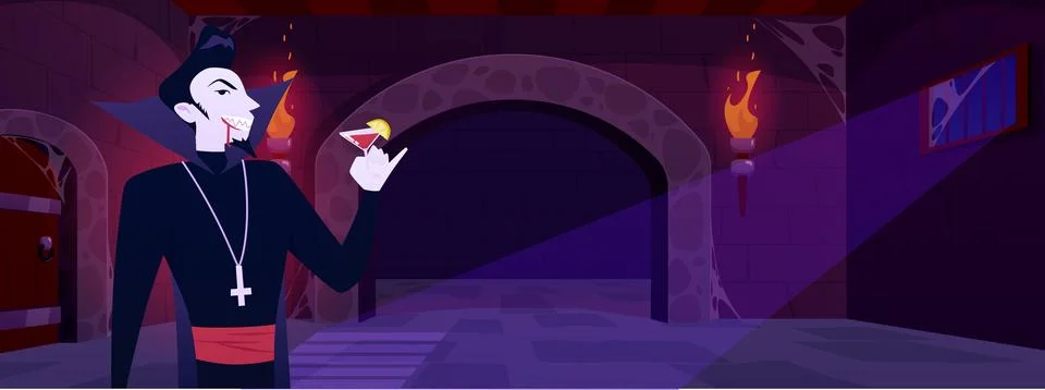 Vector illustration a vampire character drinking red blood from a glass in a Stock Illustration