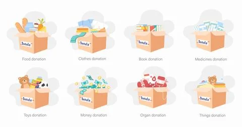 Vector Illustration of Various Donation Boxes Including Food, Clothes, Books Stock Illustration