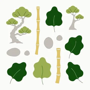 Vector illustration of various green trees and bamboo sticks with leaves Stock Illustration