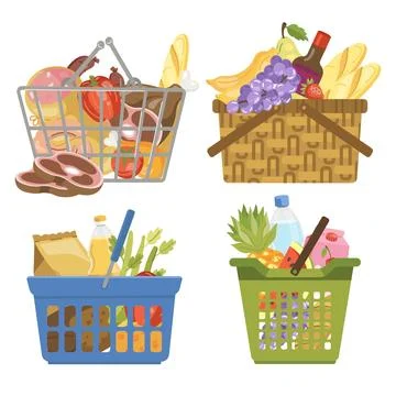 Vector illustration of various grocery baskets with groceries meat basket fruit Stock Illustration