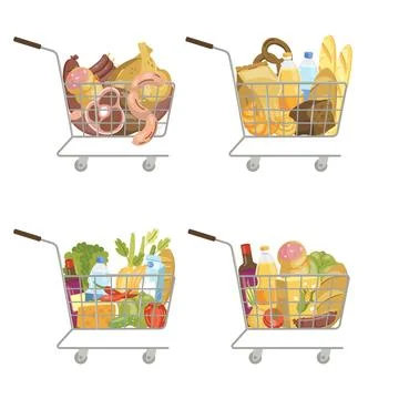 Vector illustration of various grocery sets carts in the supermarket products Stock Illustration