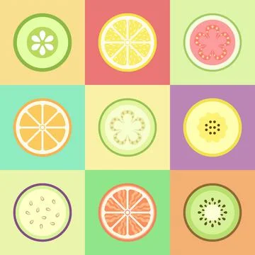Vector illustration of various sliced tropical fruits on a colorful background Stock Illustration
