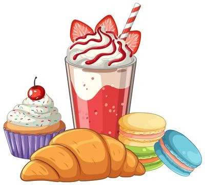 Vector illustration of various sweets with a strawberry milkshake, cupcake, c Illustrazione stock