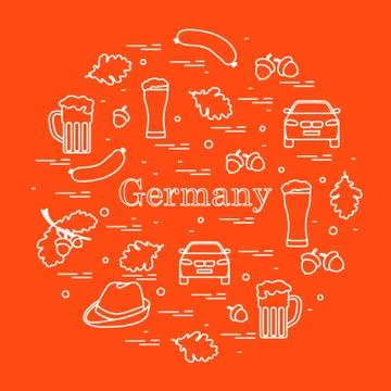 Vector illustration with various symbols of Germany arranged in a circle. Tra Stock Illustration