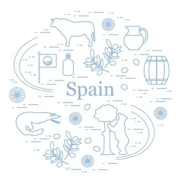 Vector illustration with various symbols of Spain arranged in a circle. Trave Stock Illustration