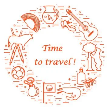 Vector illustration with various symbols of Spain arranged in a circle. Trave Stock Illustration