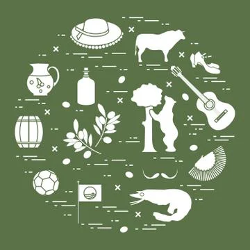 Vector illustration with various symbols of Spain arranged in a circle. Trave Stock Illustration